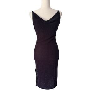 Vintage Chesley Dress Womens Small Black Shimmer Midi Slip Cowl Neck Party Y2K